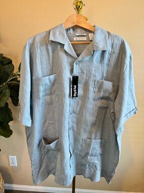 NWT CUBAVERA 100% Linen Guayabera Short Sleeve Button‑Up Shirt Blue Men XLT Tall